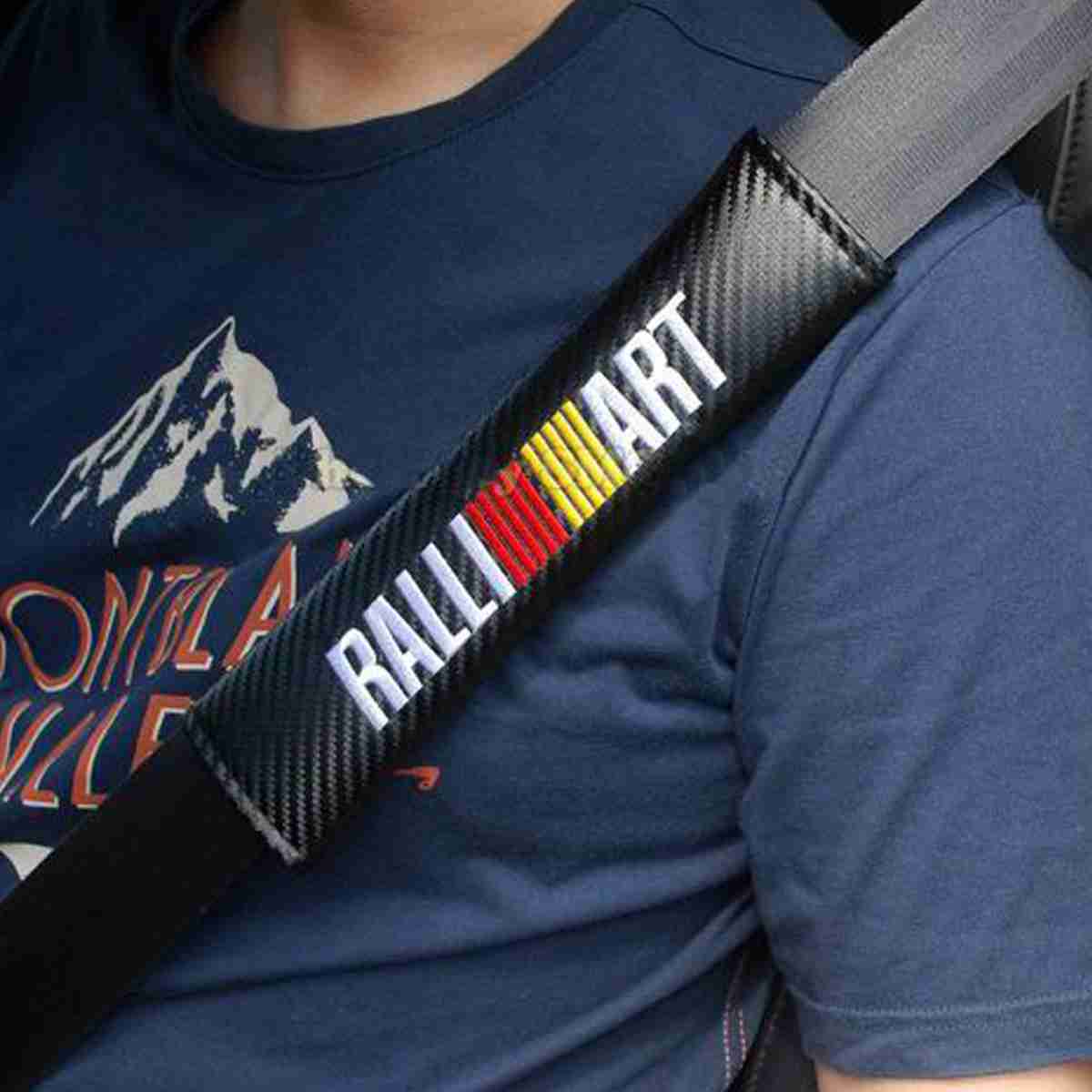 RALLIART Seat Belt Cover Shoulder Pads 2 Pcs Black Carbon Look Embroidery Logo